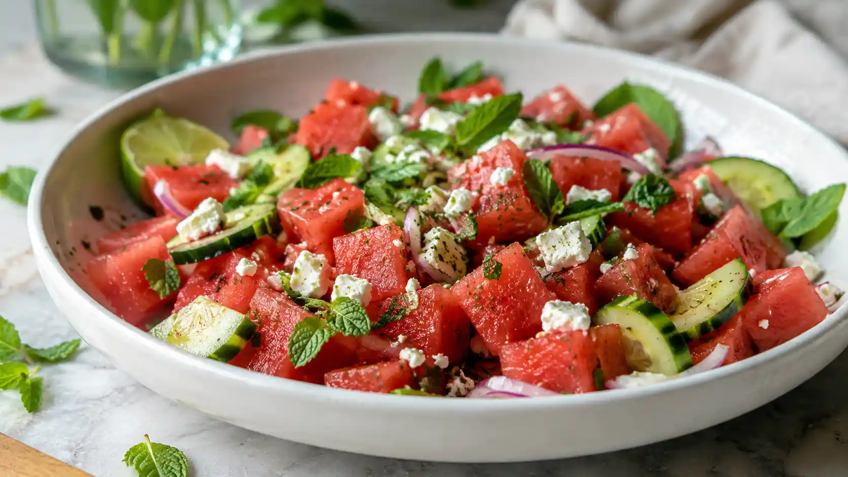 Classic watermelon feta salad with cucumber, mint, lime, and red onion in a shallow white bowl