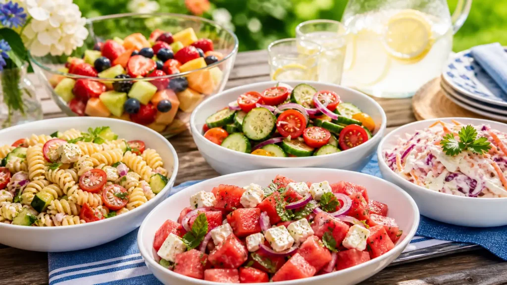 Cold summer cookout side dishes including watermelon salad and cucumber salad