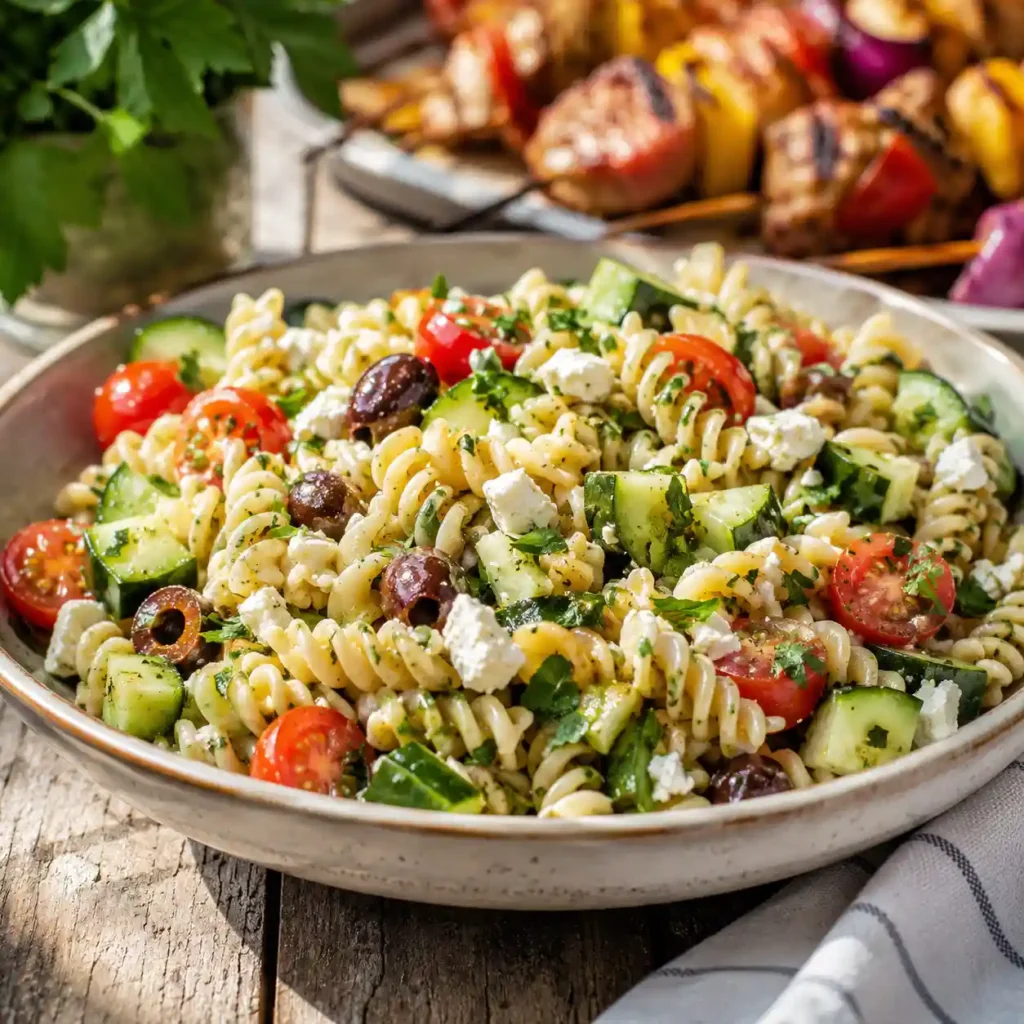 Cold Mediterranean pasta salad served with grilled kabobs for a summer cookout