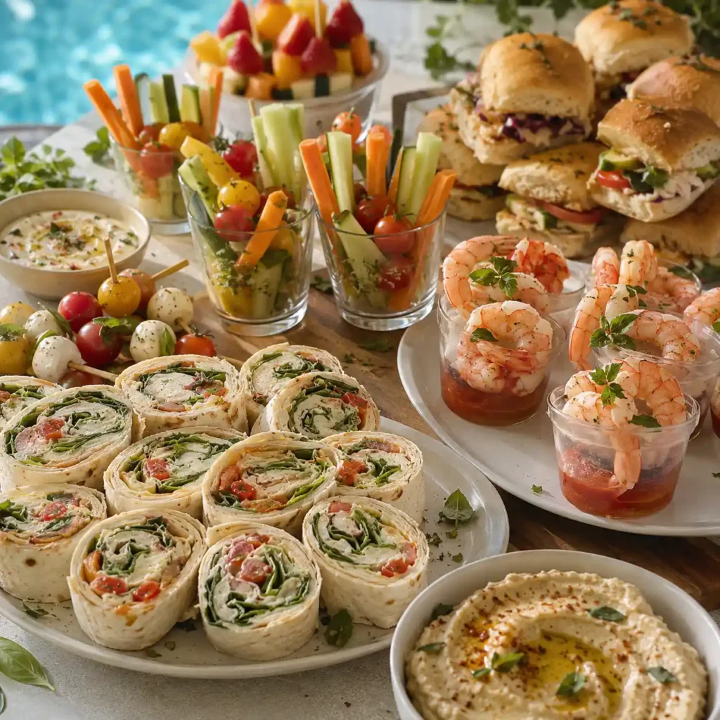 Cold pool party finger foods with wrap pinwheels, mini sandwiches, caprese skewers, shrimp cocktail cups, and cucumber bites