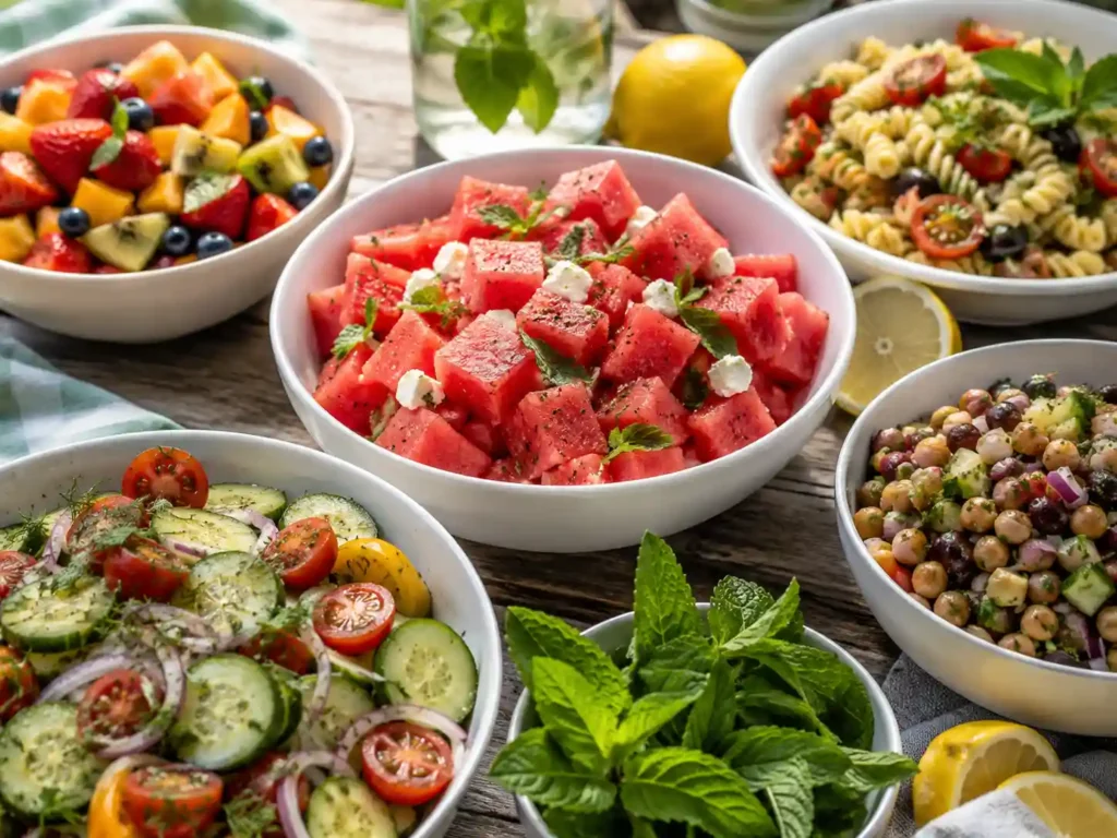 Cold summer side dishes with cucumber tomato salad, watermelon feta salad, pasta salad, and fruit salad