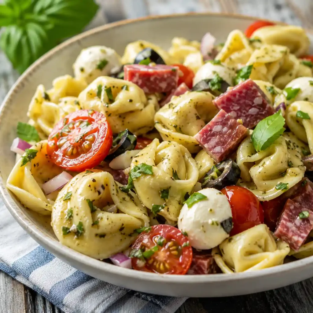 Close-up serving of cold tortellini pasta salad with mozzarella, cherry tomatoes, salami, and herbs