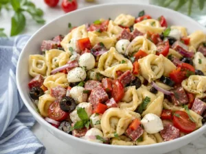 Cold tortellini pasta salad with cheese tortellini, cherry tomatoes, mozzarella, salami, olives, and Italian dressing in a white bowl