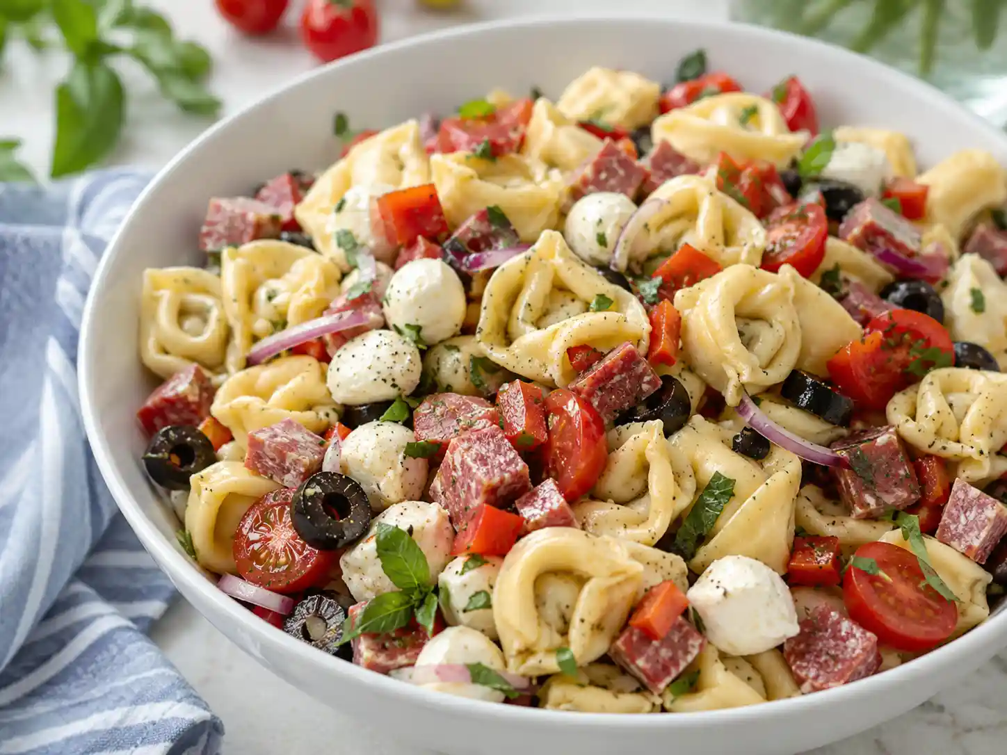 Cold tortellini pasta salad with cheese tortellini, cherry tomatoes, mozzarella, salami, olives, and Italian dressing in a white bowl