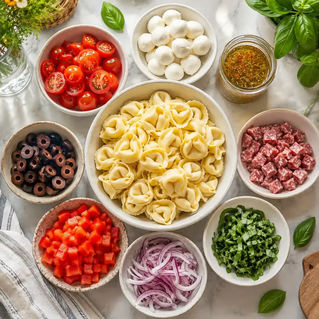 Ingredients for cold tortellini pasta salad including cheese tortellini, cherry tomatoes, mozzarella, salami, olives, red pepper, red onion, basil, and Italian dressing