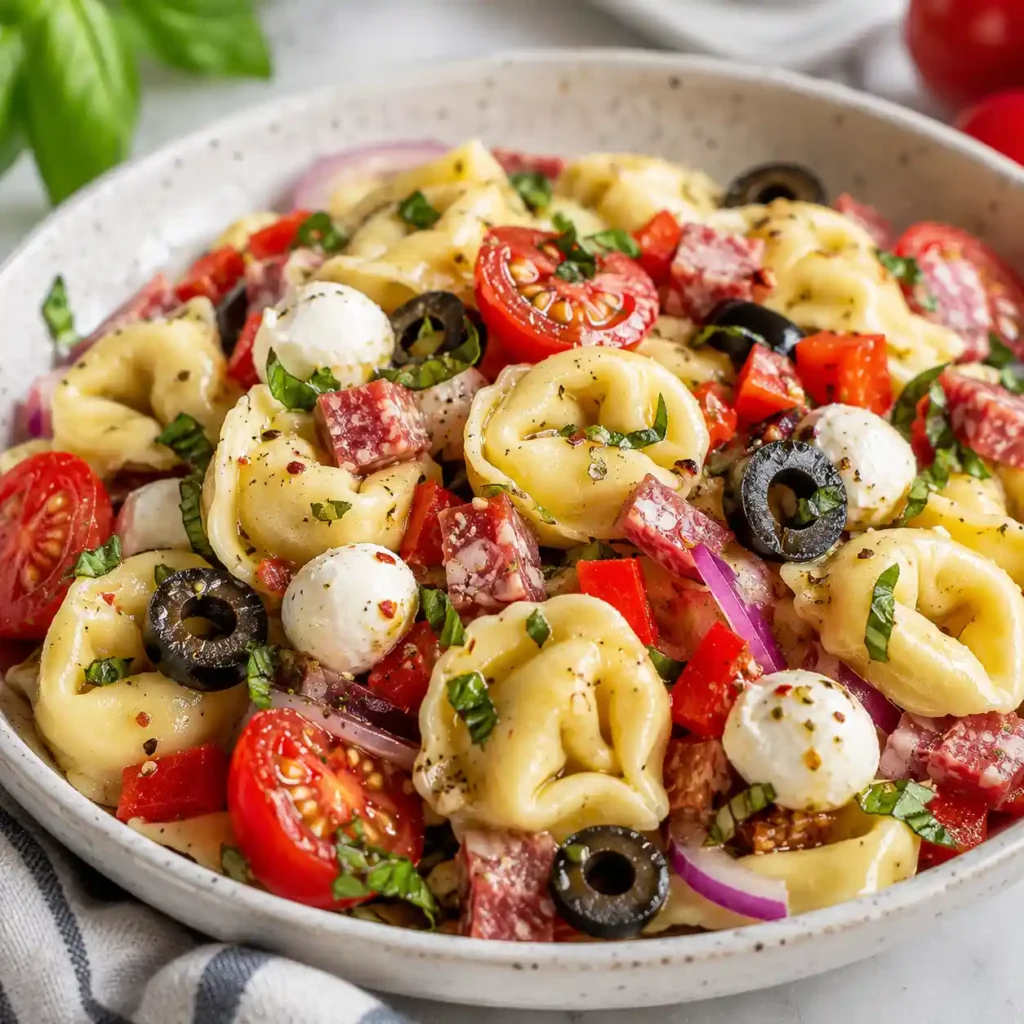 Cold tortellini pasta salad ingredients tossed together in a large mixing bowl with Italian dressing
