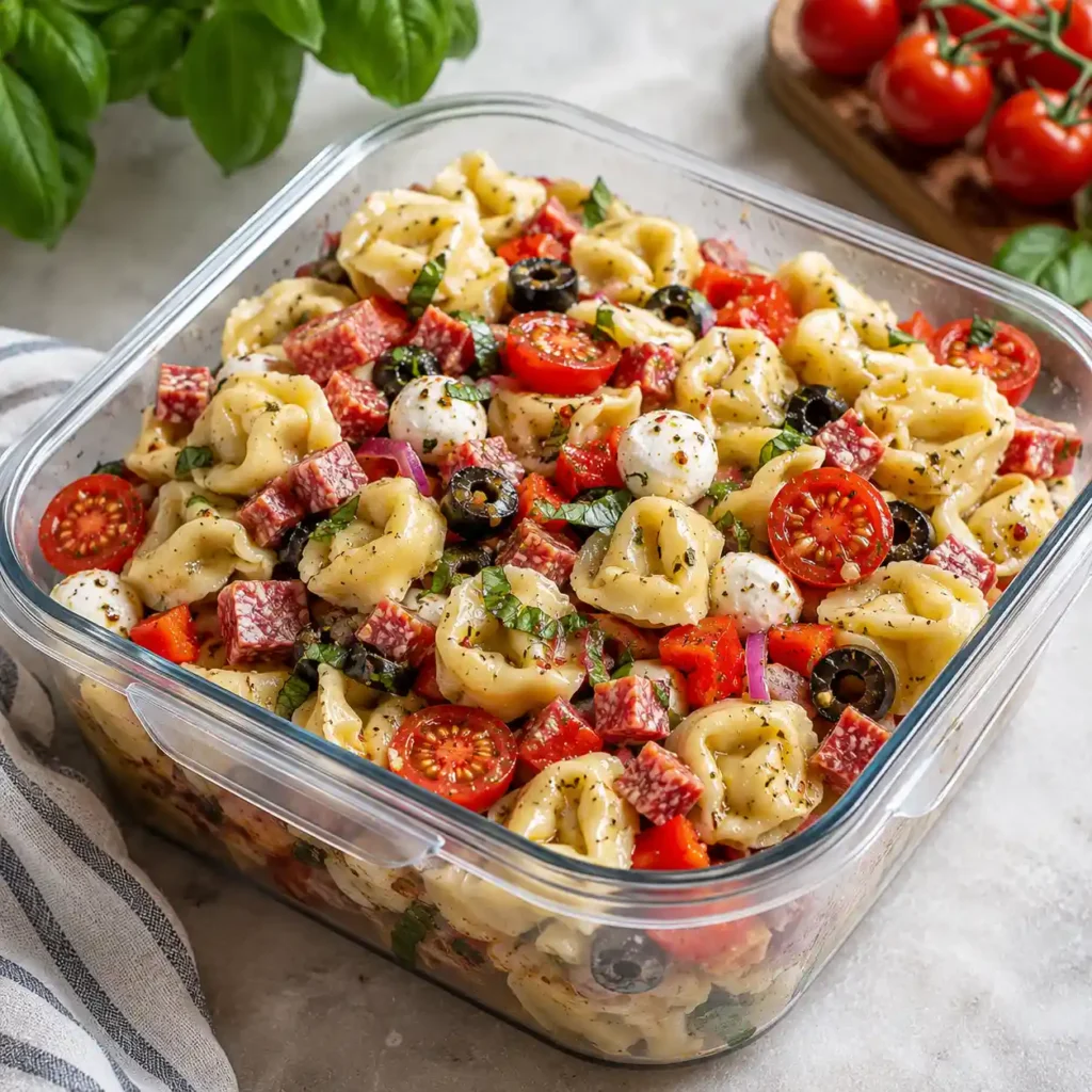 Cold tortellini pasta salad stored in a clear airtight container for make-ahead meal prep