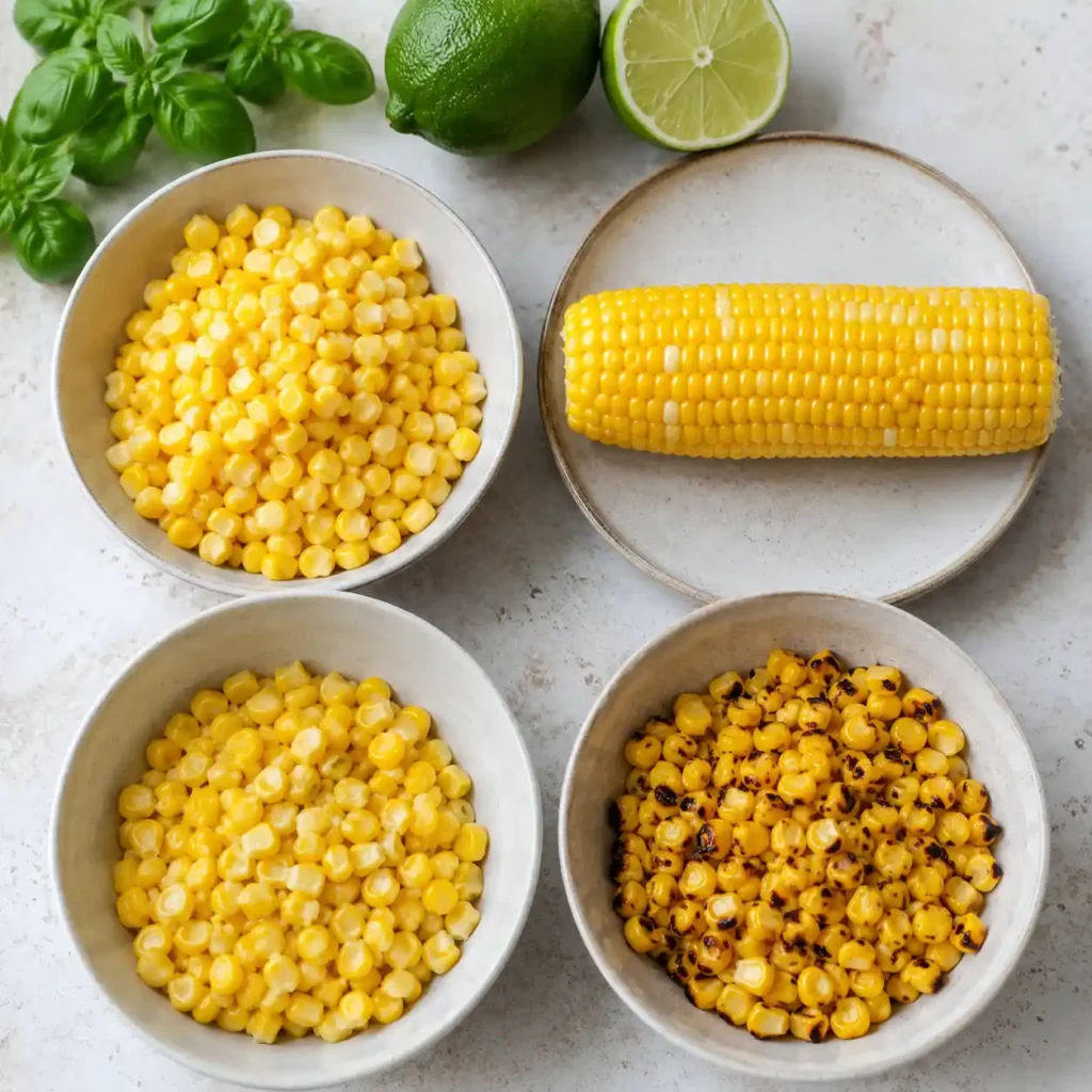 Four corn prep options for tomato corn salad including raw, microwaved, blanched, and grilled corn