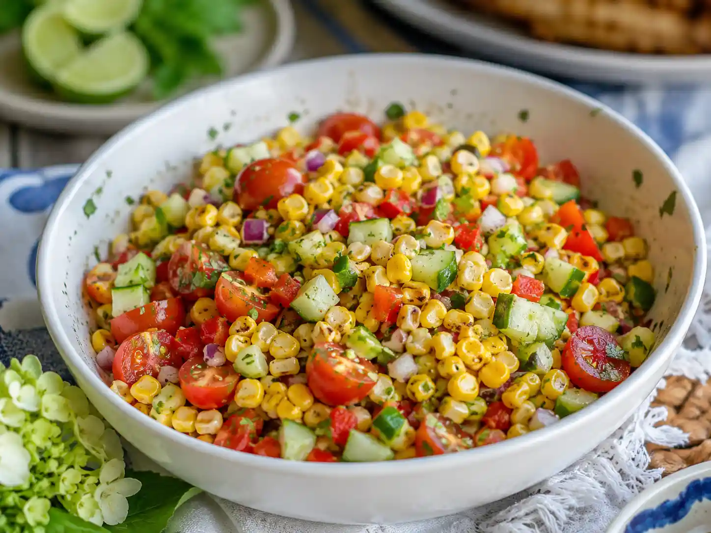 Corn salad for cookouts in a white serving bowl with sweet corn, cherry tomatoes, cucumber, red bell pepper, red onion, herbs, and lime dressing
