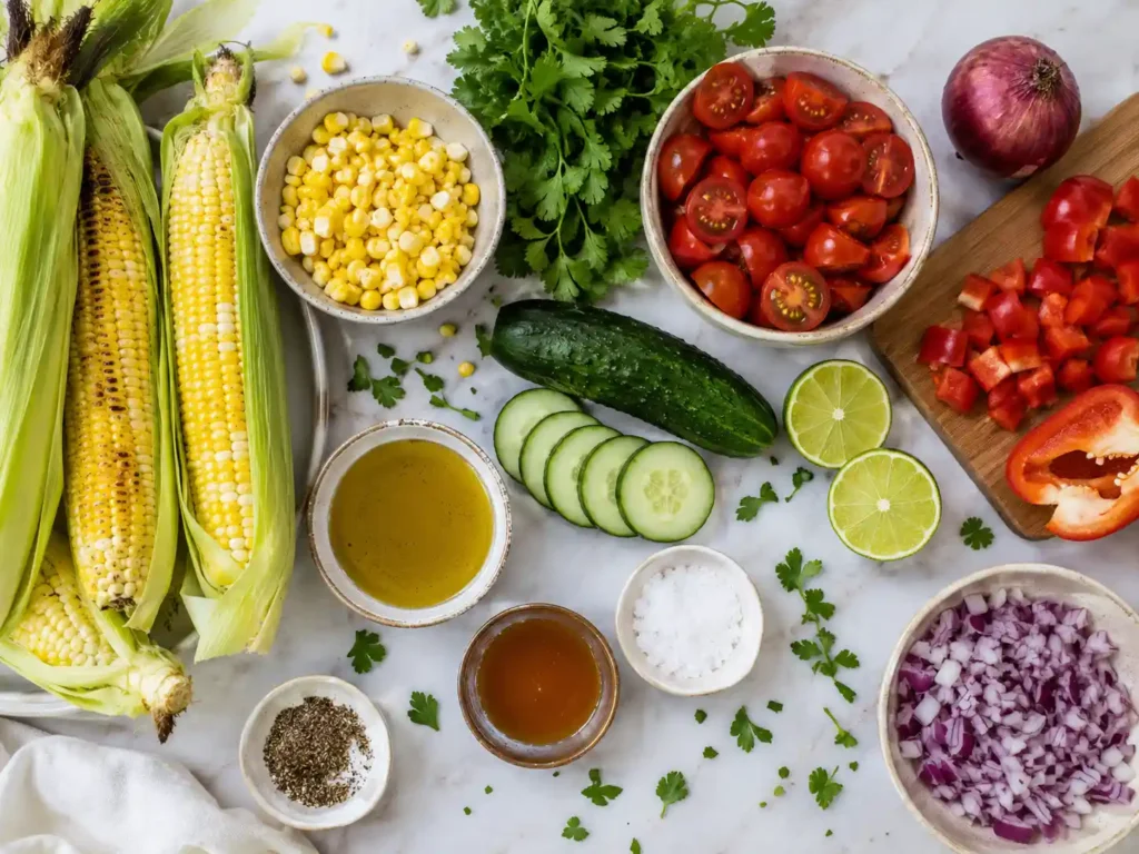 Ingredients for corn salad including corn, cherry tomatoes, cucumber, red bell pepper, red onion, herbs, lime, and olive oil