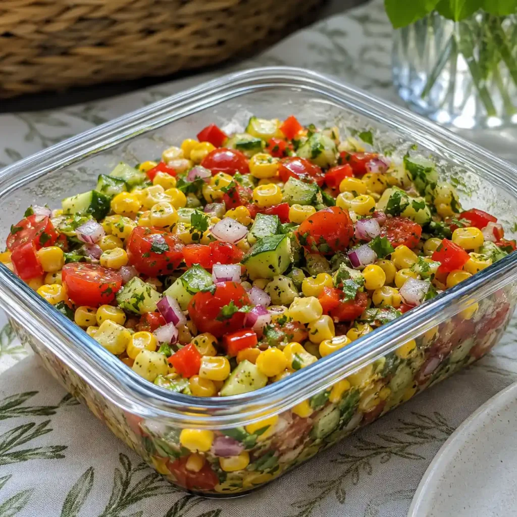Corn salad in a clear airtight container ready to chill before a cookout