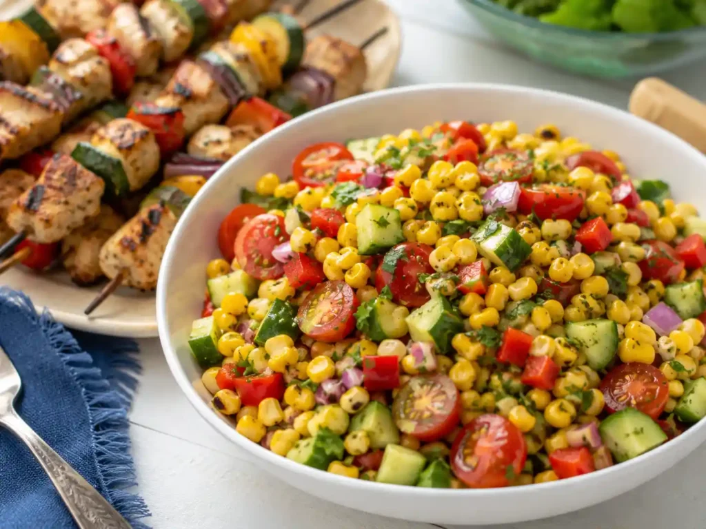Corn salad served on a summer table with grilled chicken, veggie skewers, and other cookout dishes