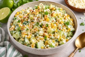 Creamy cucumber corn salad with sweet corn, cucumber, cotija cheese, cilantro, and lime dressing