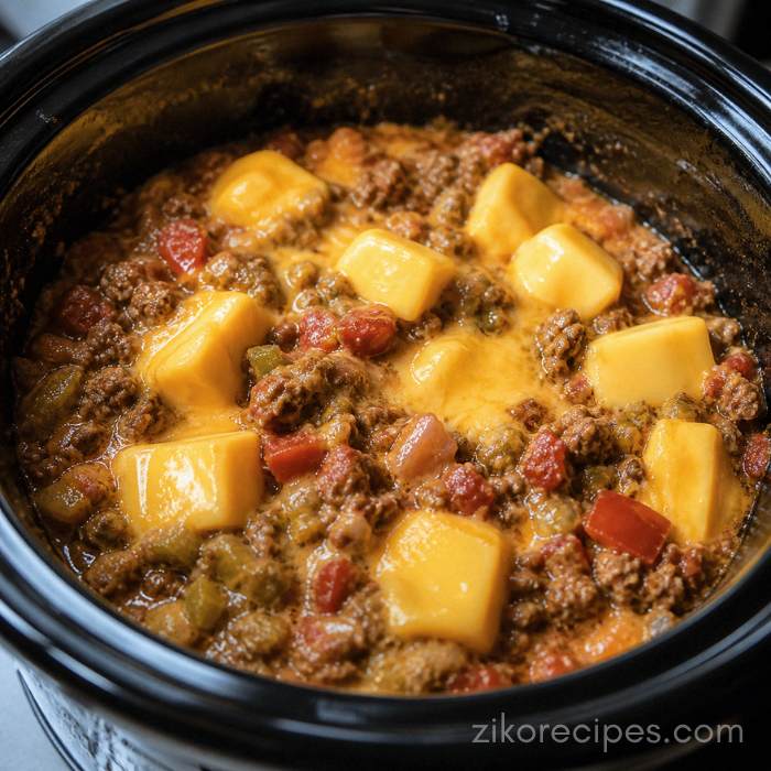 Cubed Velveeta cheese, cooked ground beef, and Rotel tomatoes melting together inside a slow cooker.