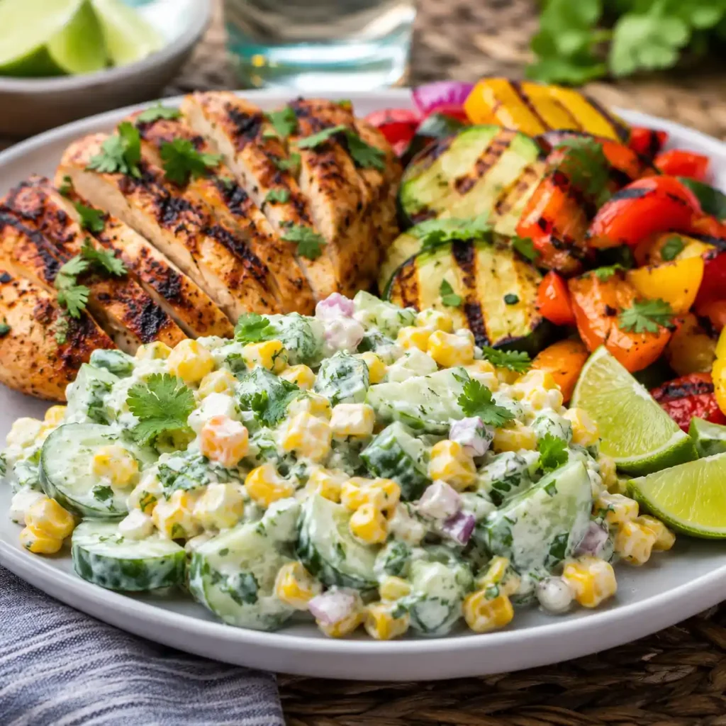 Cucumber corn salad served as a summer cookout side dish with grilled chicken and vegetables