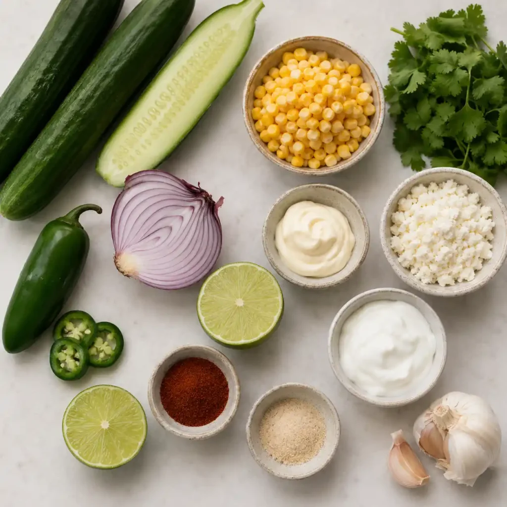 Ingredients for cucumber corn salad with cucumbers, sweet corn, lime, cilantro, cotija cheese, red onion, jalapeño, mayo, and Greek yogurt