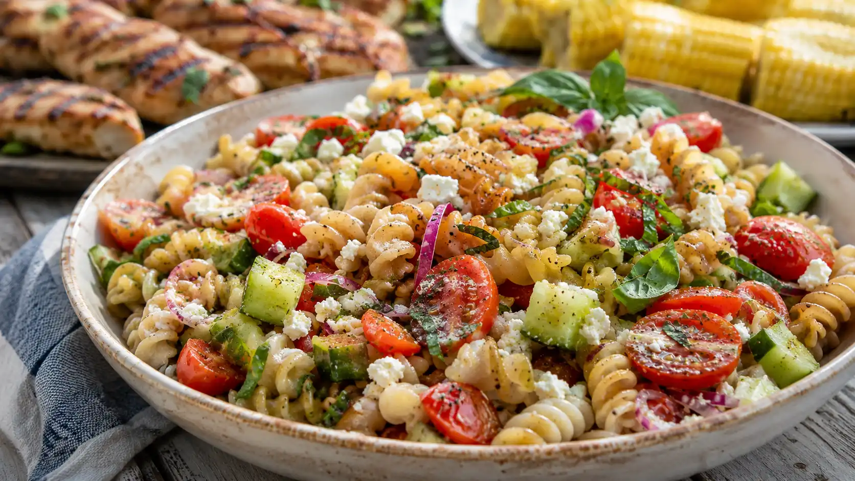 Cucumber tomato pasta salad in a white bowl with rotini, cucumber, cherry tomatoes, red onion, basil, and feta