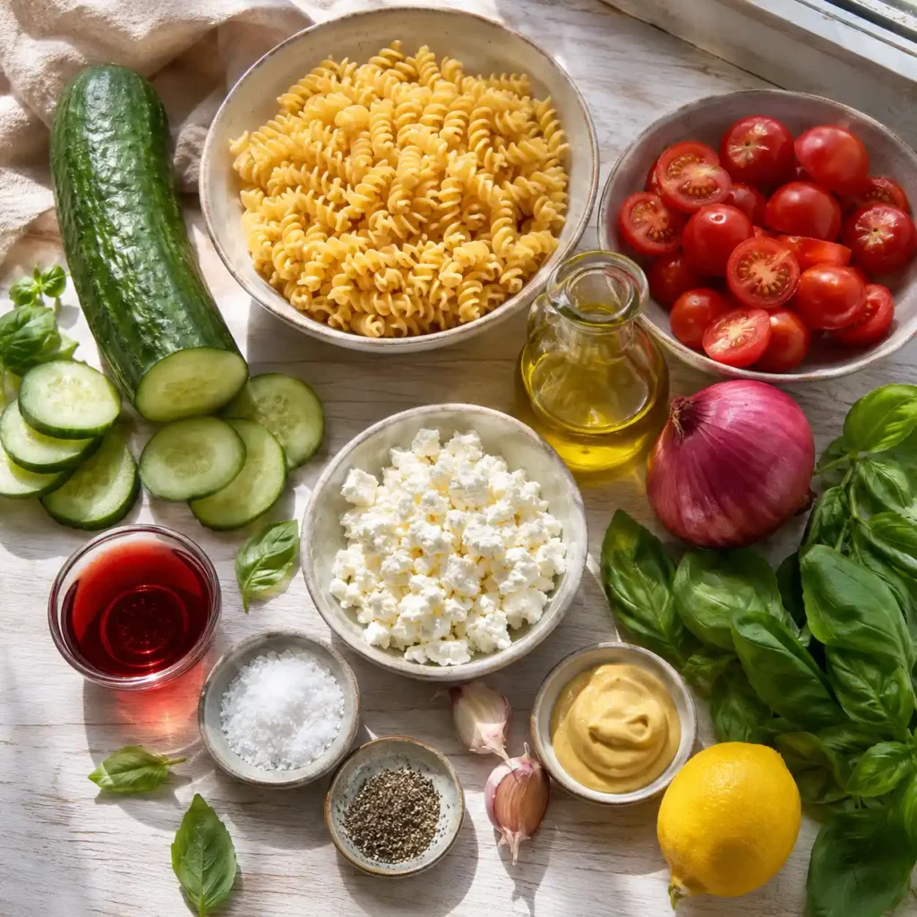 Ingredients for cucumber tomato pasta salad including rotini, cucumber, tomatoes, red onion, basil, feta, and vinaigrette items