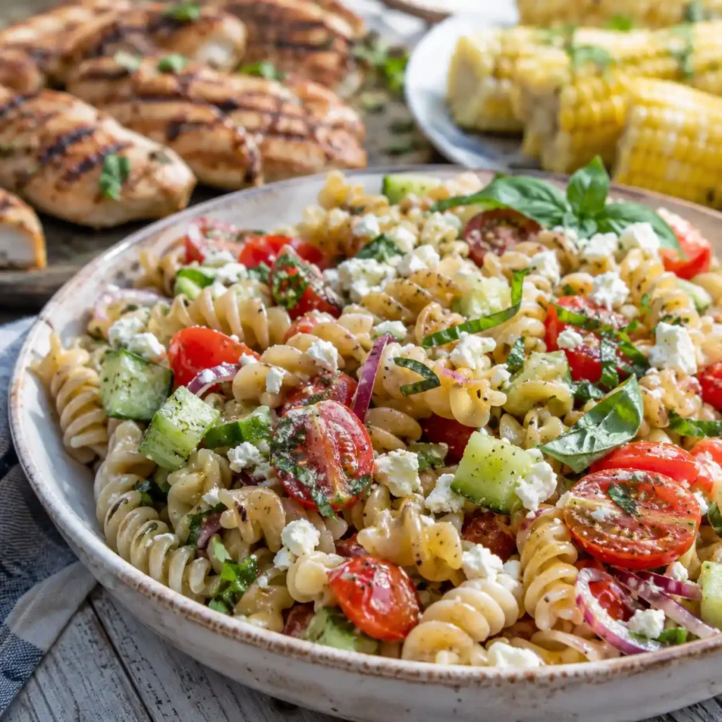 Cucumber tomato pasta salad served with grilled chicken on a fresh summer table
