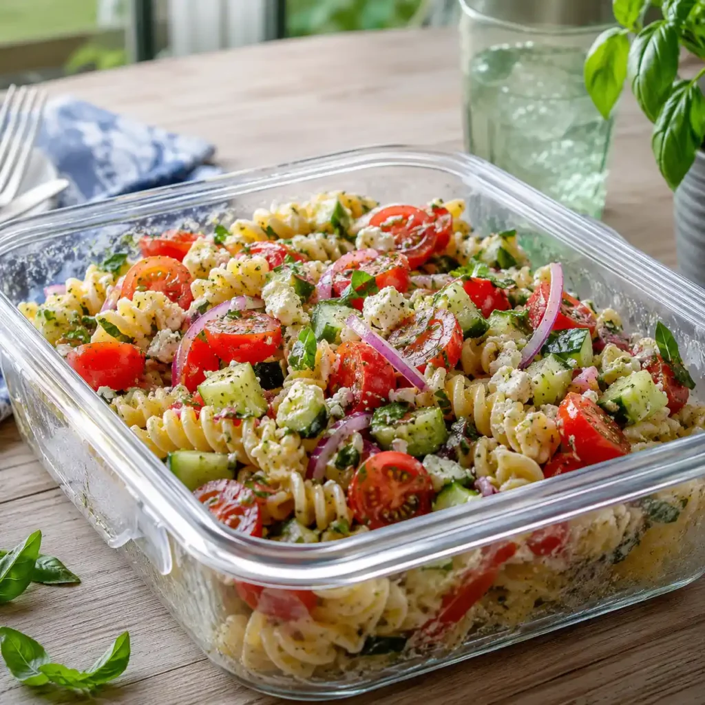 Cucumber tomato pasta salad stored in a clear airtight container for make-ahead serving