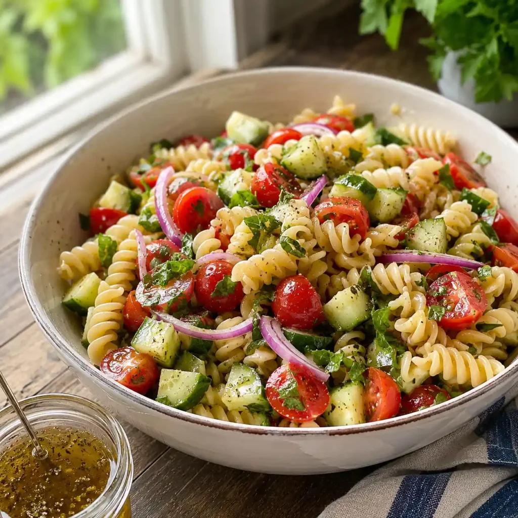 Fresh cucumber tomato pasta salad just after mixing with vinaigrette in a large bowl