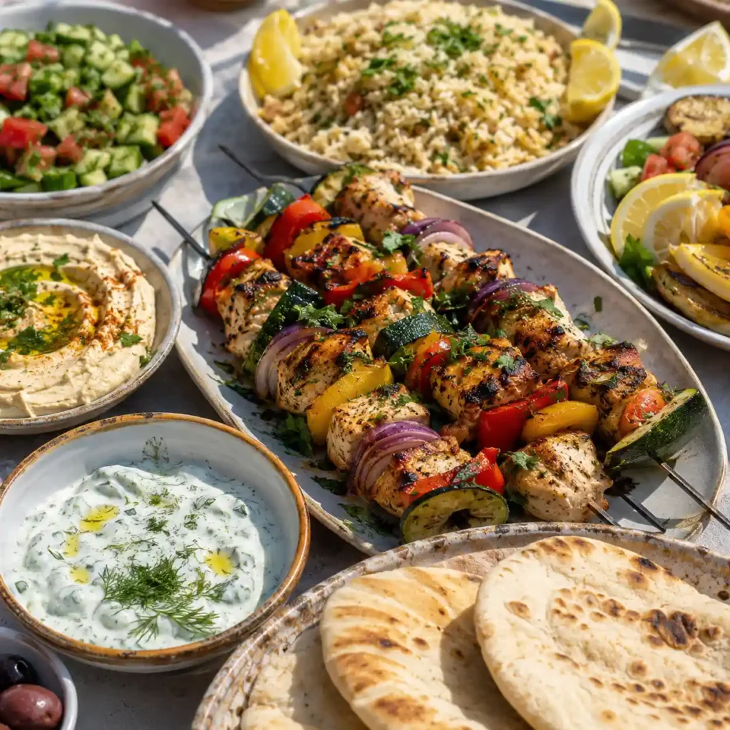 Kabob dinner menu with pita bread, hummus, rice, salad, and grilled skewers