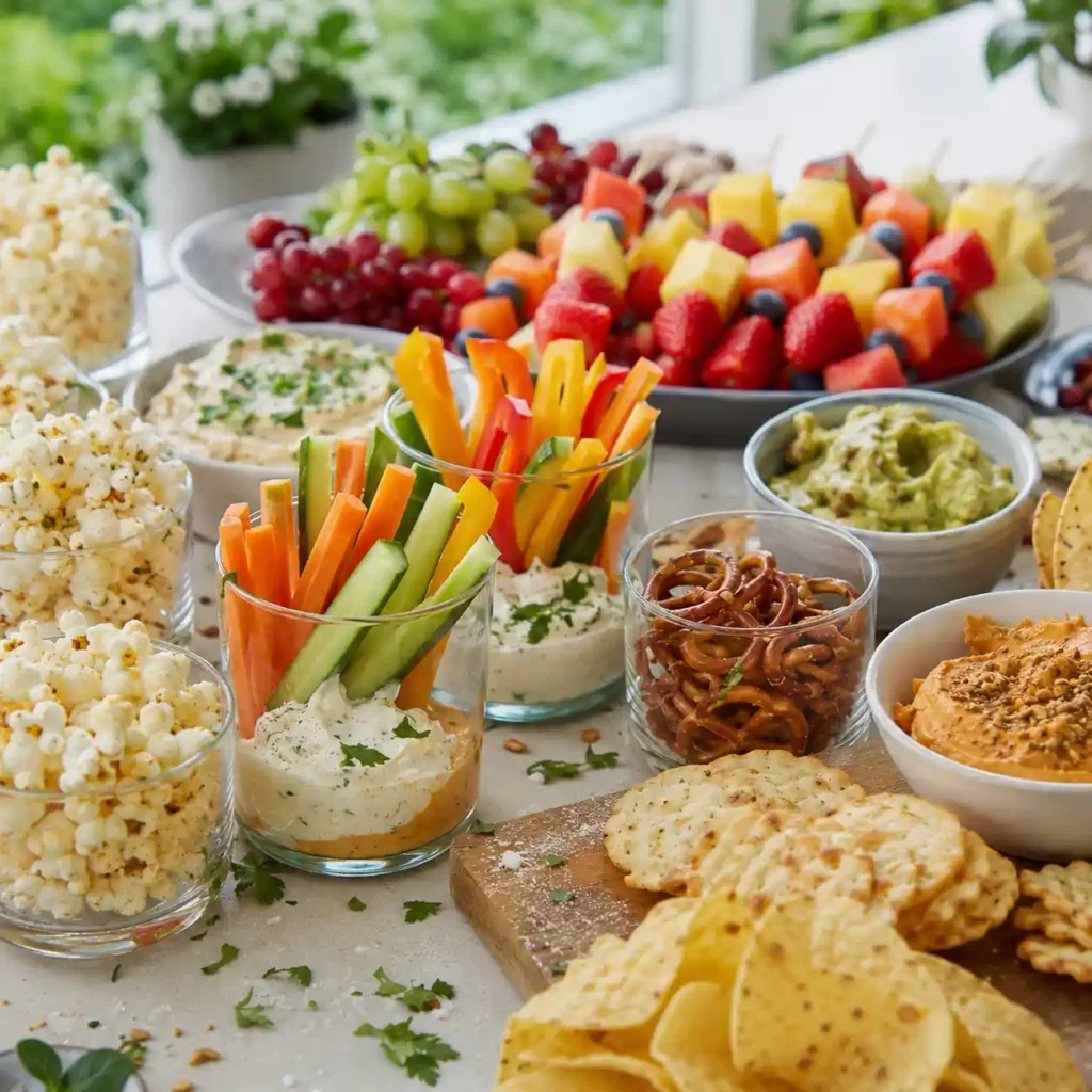 Easy pool party snacks with veggie cups, fruit skewers, chips and dip cups, popcorn cups, and pretzel snack cups
