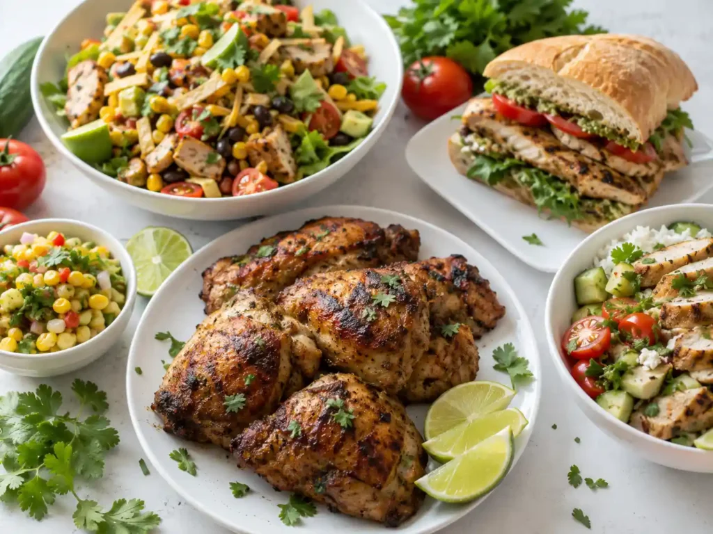 Easy summer chicken dinner recipes with grilled chicken thighs, chicken taco salad, pesto chicken sandwich, and chicken rice bowls