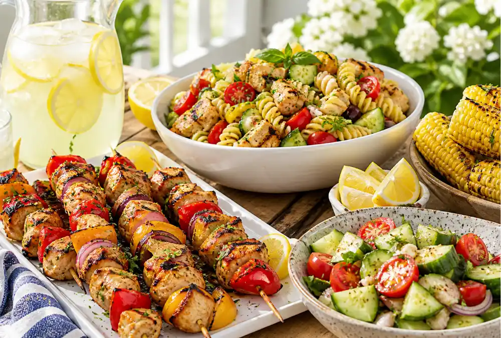A summer dinner spread with grilled chicken, pasta salad, fresh vegetables, salad, and lemonade on a bright table