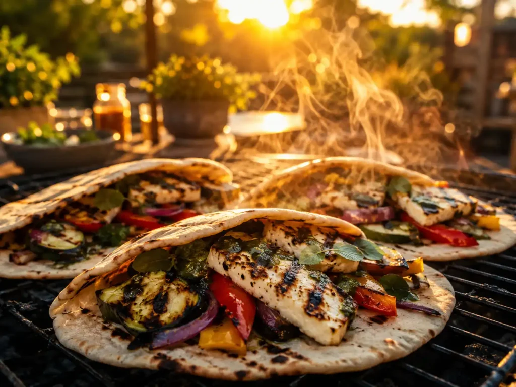 Easy summer grilling recipes featuring halloumi cheese and vegetable wraps on the barbecue.