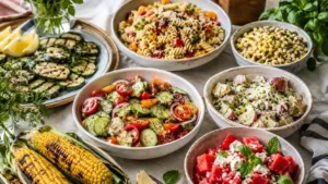 A colorful summer table with pasta salad, corn, cucumber salad, fruit salad, grilled vegetables, and fresh herbs