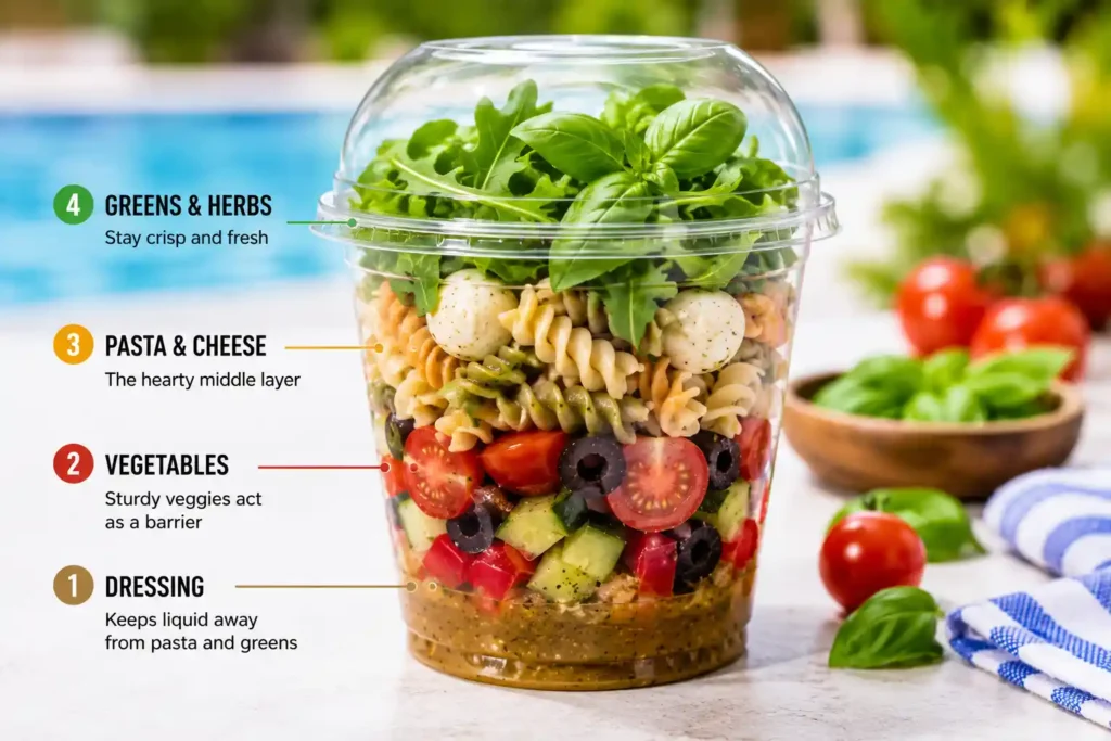 Hands filling clear cups with pasta salad ingredients for a pool party
