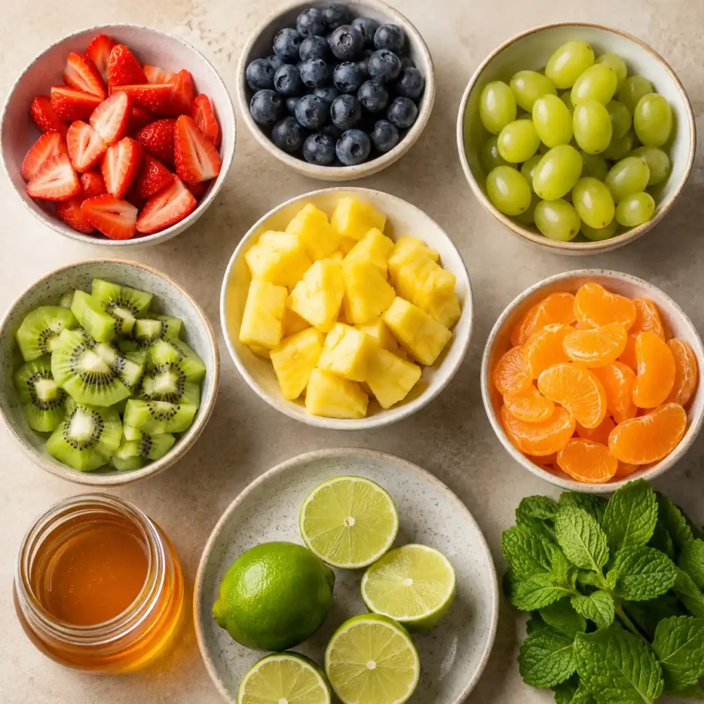 Fresh strawberries, blueberries, grapes, pineapple, kiwi, lime, honey, and mint arranged for honey lime fruit salad