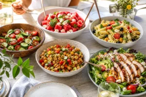 Fresh summer salad recipes with cucumber salad, fruit salad, pasta salad, and grilled chicken salad