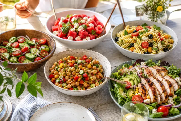 Fresh summer salad recipes with cucumber salad, fruit salad, pasta salad, and grilled chicken salad