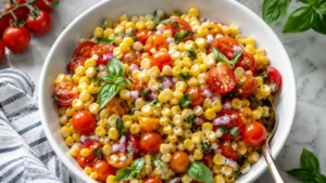 Fresh tomato corn salad with sweet corn, cherry tomatoes, basil, red onion, and olive oil vinaigrette