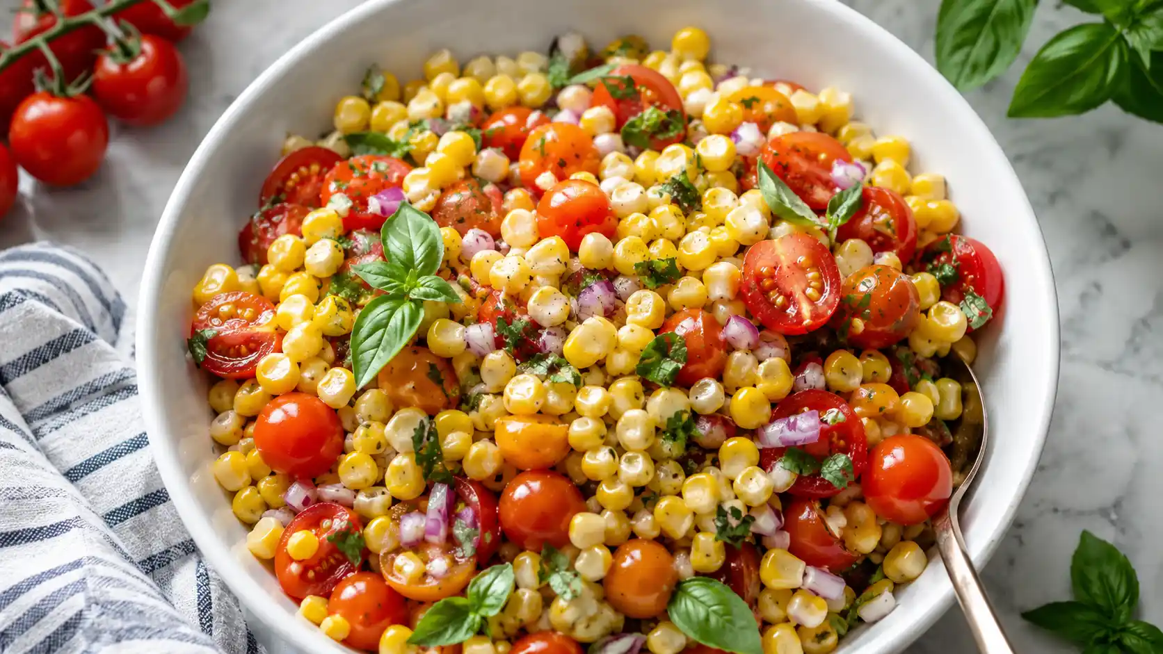 Fresh tomato corn salad with sweet corn, cherry tomatoes, basil, red onion, and olive oil vinaigrette