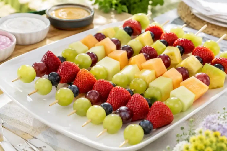 Colorful fruit skewers for parties on a platter with strawberries, grapes, pineapple, melon, and blueberries