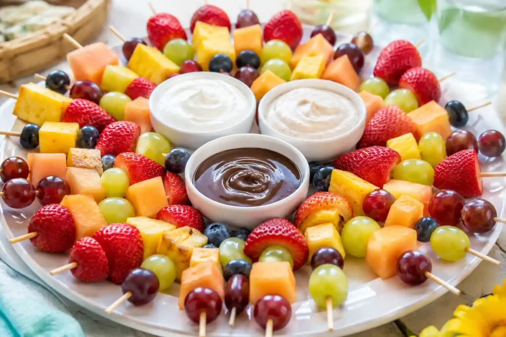 Fruit skewers served with yogurt dip, cream cheese fruit dip, and chocolate drizzle