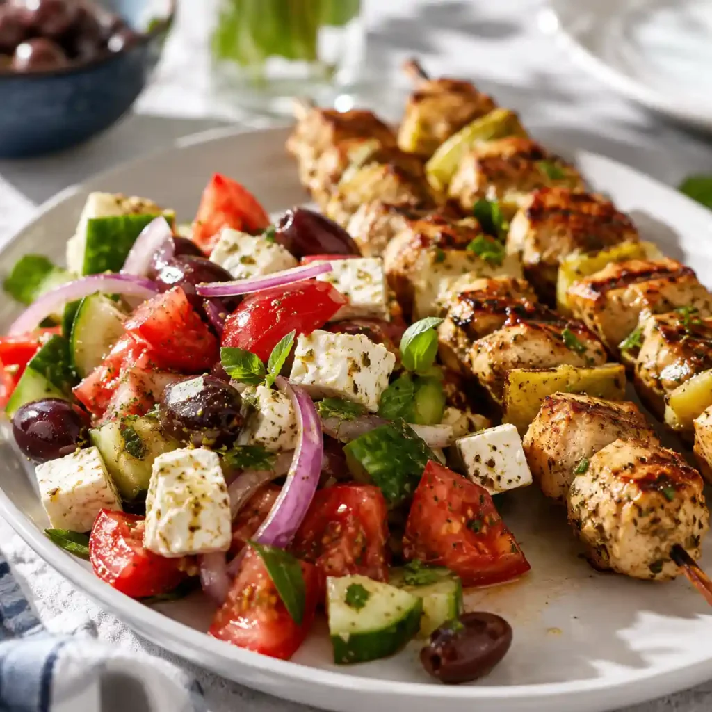 Fresh Greek salad served as a side dish with grilled chicken kabobs