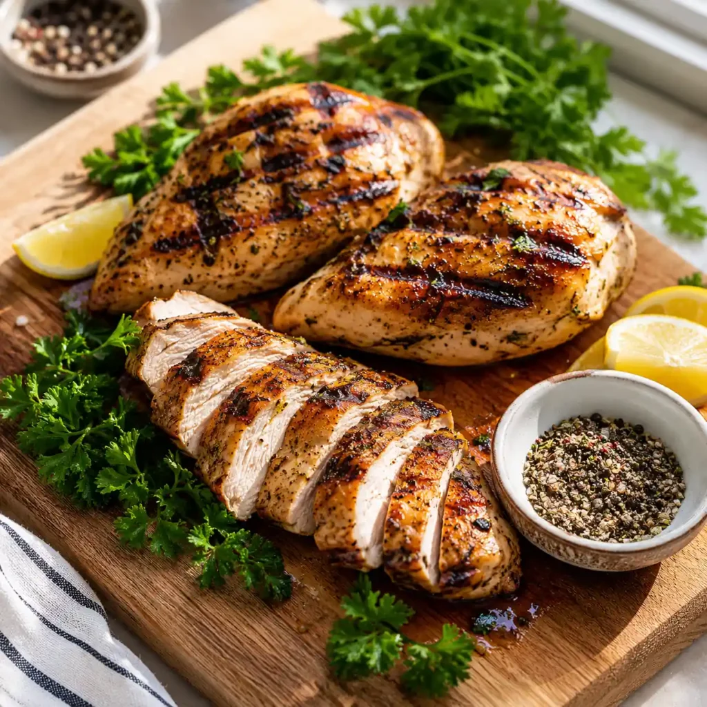 Sliced grilled chicken resting on a cutting board for pasta salad