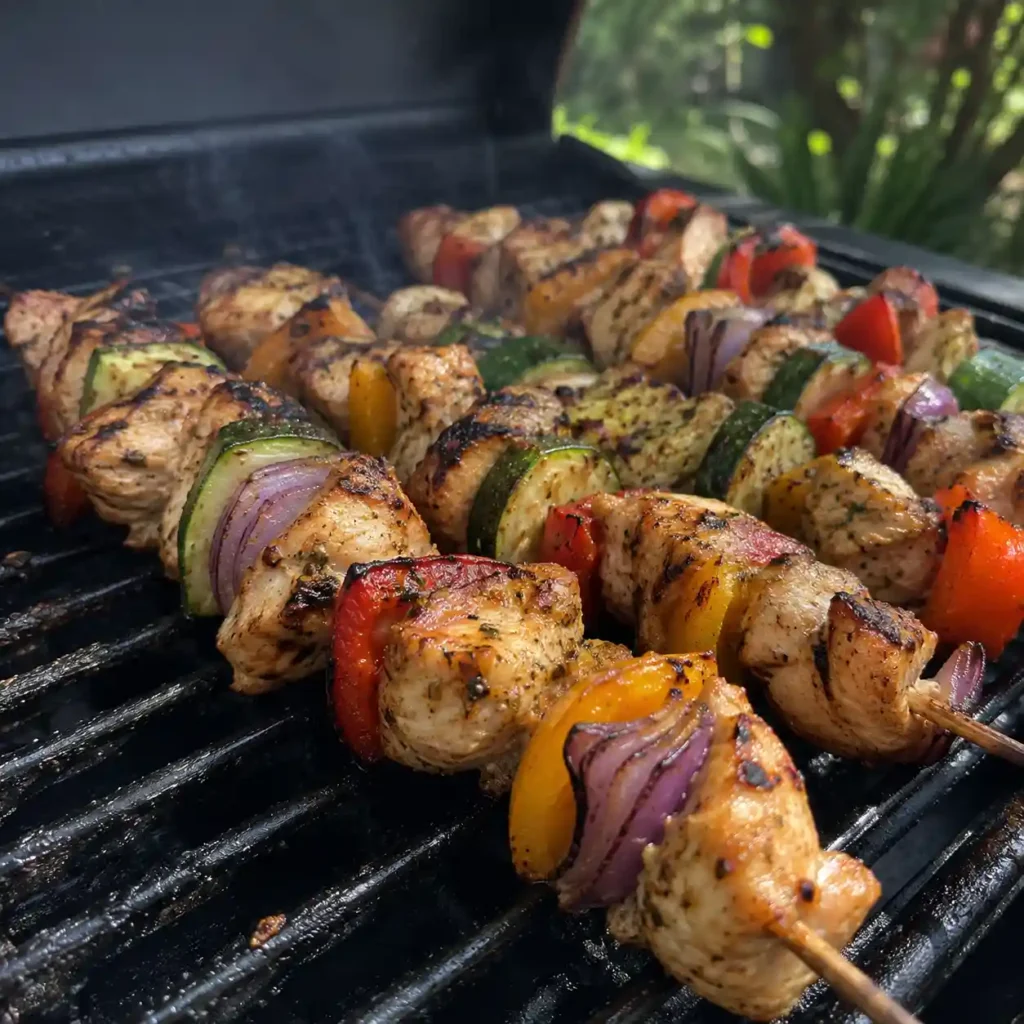 grilled chicken kabobs cooking on grill grates with vegetables