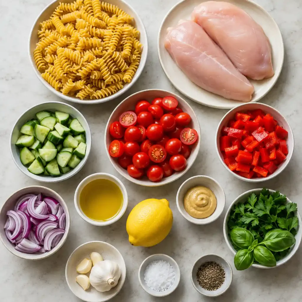 Ingredients for grilled chicken pasta salad with pasta, chicken, vegetables, herbs, and dressing