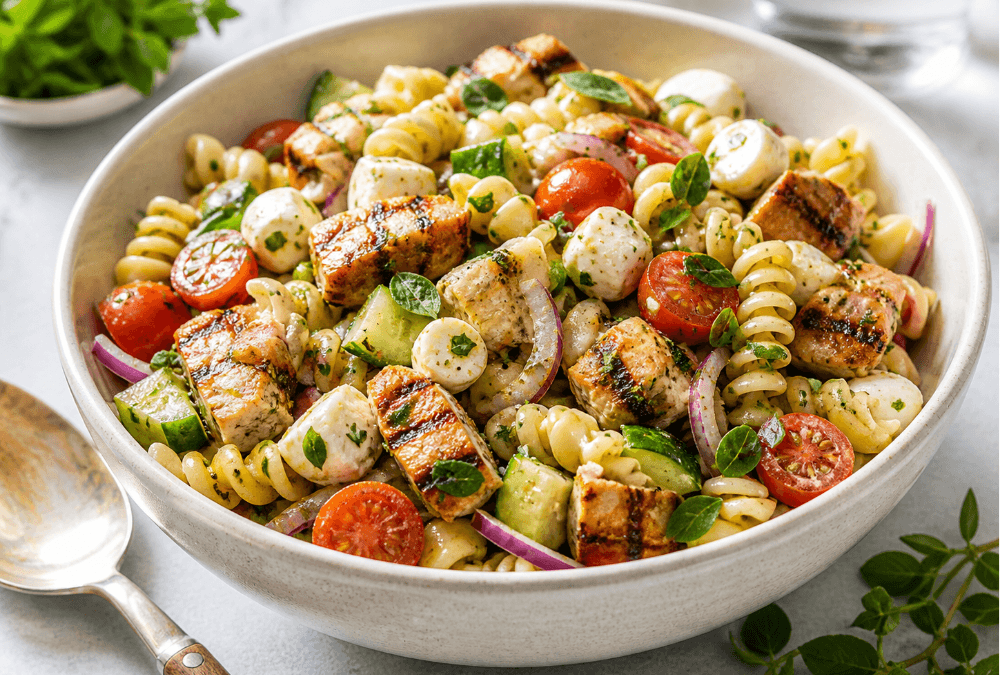 Grilled chicken pasta salad with rotini, cucumber, cherry tomatoes, herbs, and mozzarella