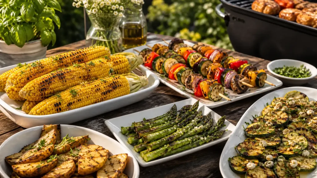 Grilled corn, asparagus, and potatoes served as cookout side dishes