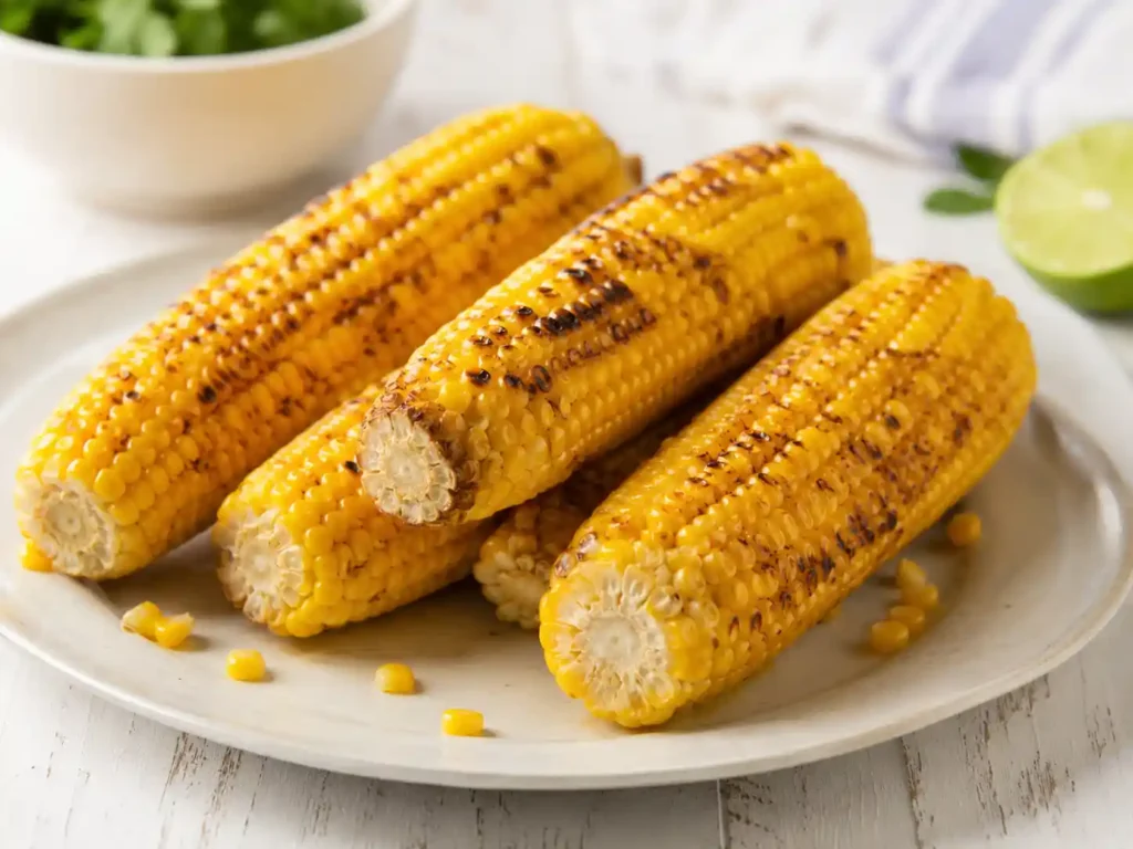 Grilled corn on the cob with light char marks ready to be cut for corn salad