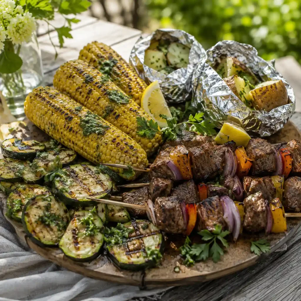 Grilled corn on the cob and zucchini served with steak kabobs