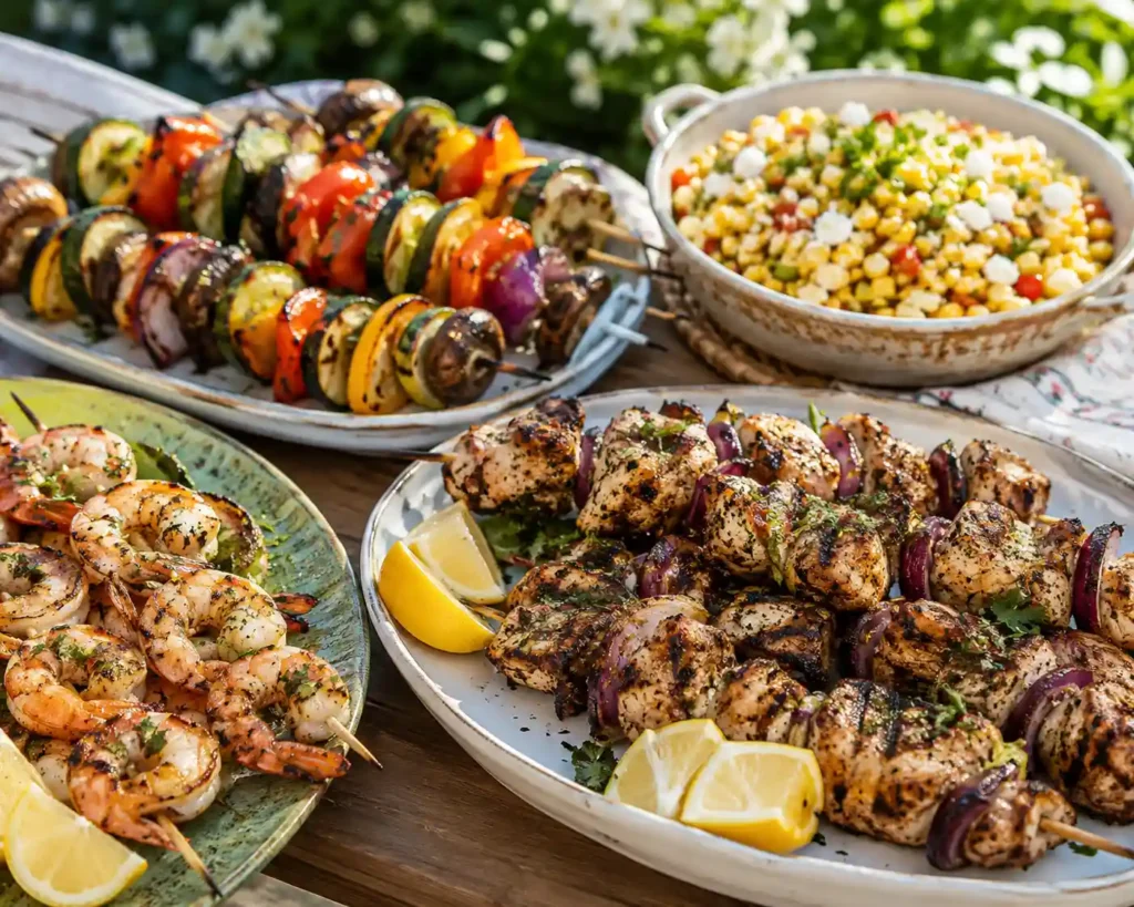 Grilled healthy summer dinners with chicken kabobs, shrimp kabobs, vegetable skewers, and corn salad