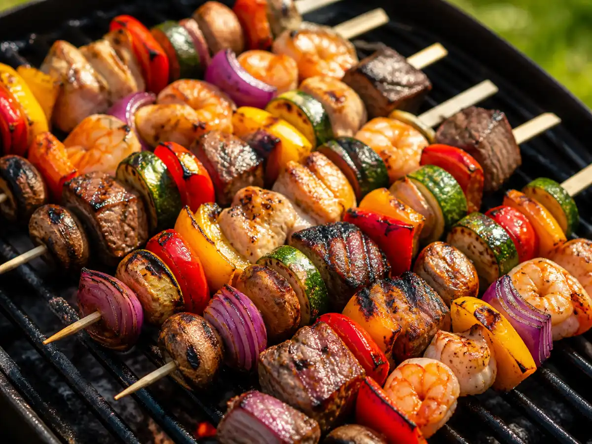 Assorted grilled kabobs with chicken, steak, shrimp, and vegetables on a barbecue grill