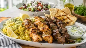 Grilled kabobs served with lemon rice, Greek salad, pita bread, and tzatziki sauce
